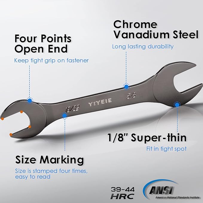 YIYEIE 9Pc. Super Thin Wrench Set, SAE 1/4" to 1-1/16", Nickel Plating, CR-V Steel, Ultra-Slim Open End Wrench Set with Rolling Pouch
