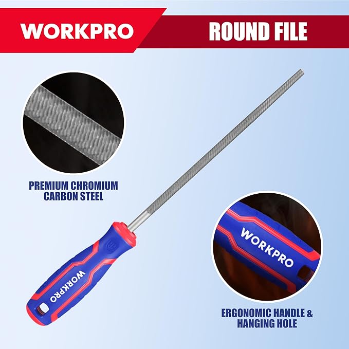 WORKPRO Metal File Set 3PCS 8 Inch High Carbon Steel Flat, Round & Half-Round Files for Metal, Wood & Plastic, Durable Hand Tools for Shaping, Smoothing & Finishing