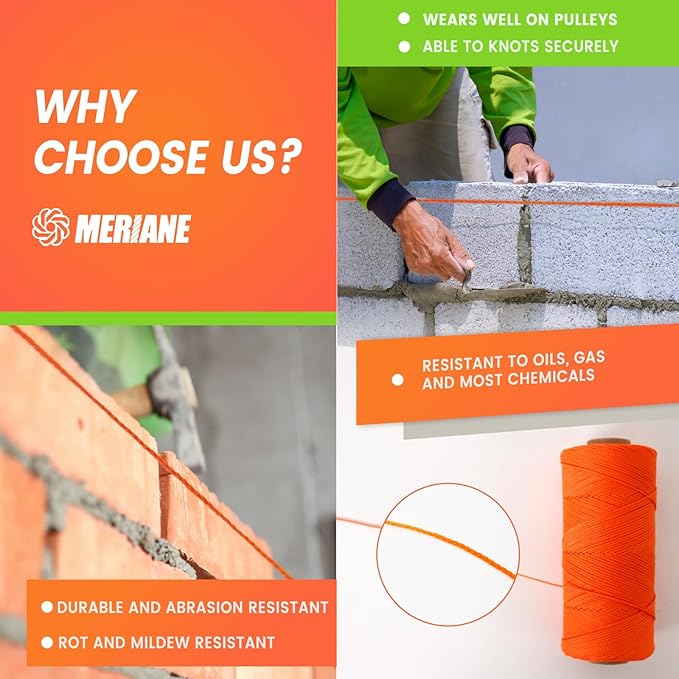 MERIANE Mason Line, 1000 Ft #18 Braided Nylon String, Premium String for Masonry Jobs, Construction, Gardening, Net Making and Mending, DIY Projects, Fluorescent Orange
