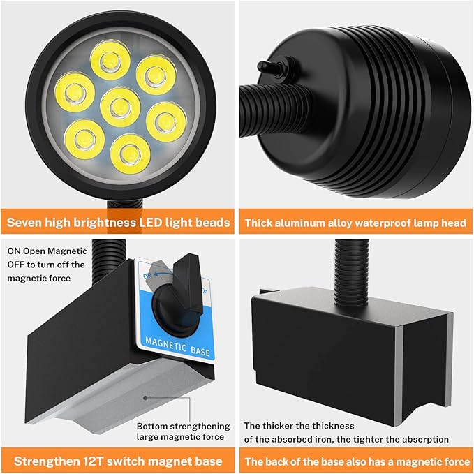 Magnetic Work Light, Led Magnetic Lamp, IP65 Water Proof Flexible Gooseneck Lamp 1400 Lumens for Lathe Milling, Drill Press, Industrial Lighting,with 12T Magnetic Base…