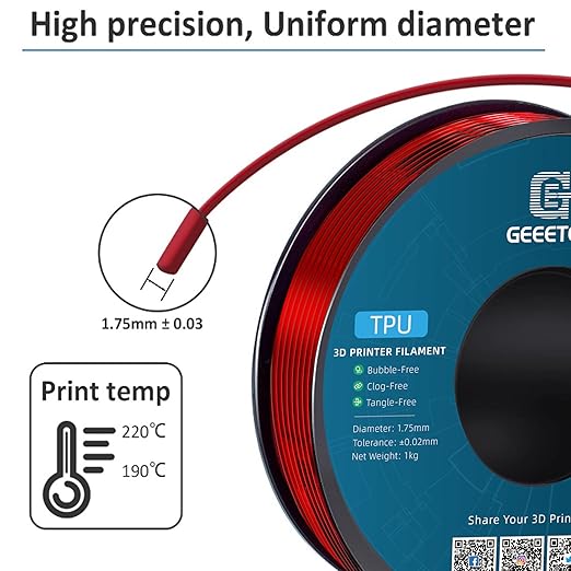 Geeetech TPU Filament 1.75mm, 1KG (2.2lbs) Spool ??95A Flexible 3D Printer Filament with High Elasticity, Dimensional Accuracy 짹0.03mm, Fits Most FDM Printers, Clear Red
