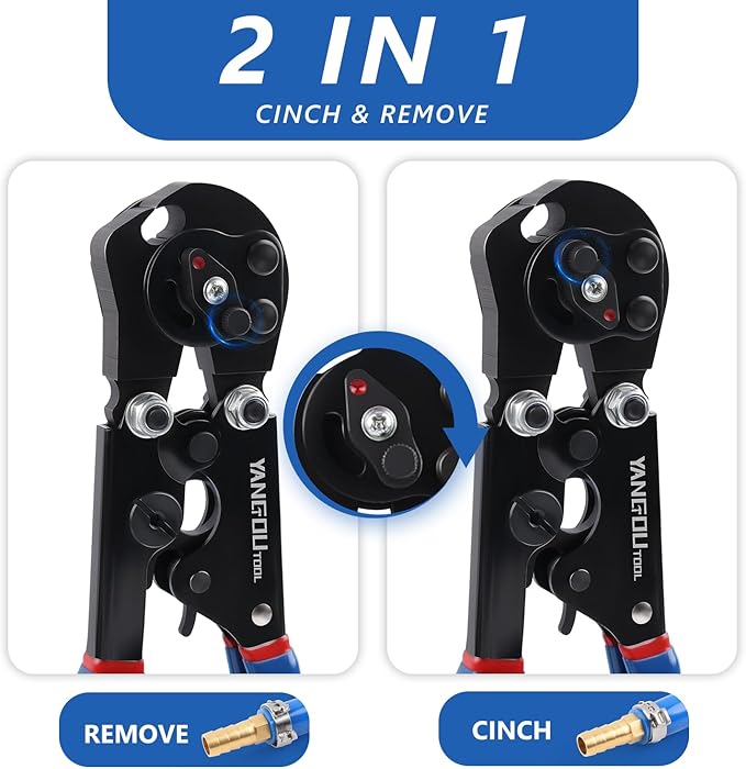 2 IN 1 Ratchet PEX Crimping Tool Cinch and Remove Dual Function Ergonomic Handle for PEX Pipe and Pinch Crimping Suitable for 3/8" to 1" Stainless Steel Clamps