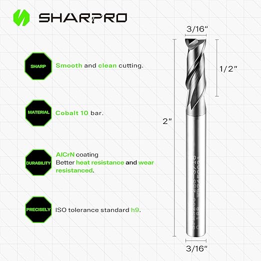 3/16 End Mills 3/16 Inch Shank, 2 Flute Carbide Square Endmill with AlCrN Coated, Upcut Spiral CNC Router Bits for Alloy Steel, Metal and Stainless Steel
