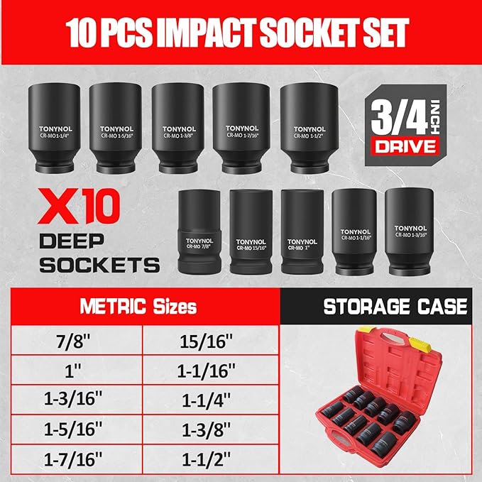 3/4 Inch Drive Deep Impact Socket Set,6-Point,Sae Size(7/8??to 1-1/2??,10 Pcs,Cr-Mo.Heavy Duty Impact Socket Set,With a Storage Case.