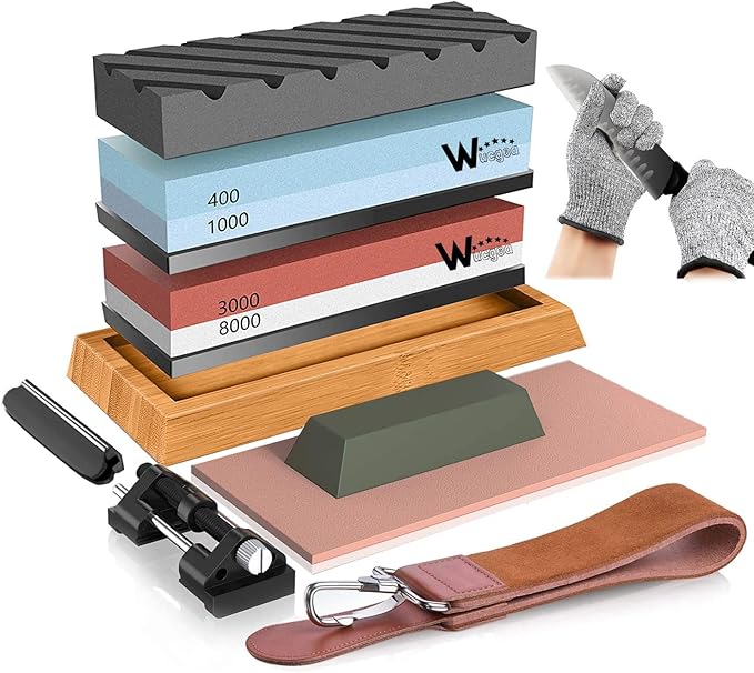 Knife Sharpening Stone Kit ??400/1000 3000/8000 Grit Wet Kitchen Whetstone Knife Sharpener Set with Non-slip Bamboo Rubber Base, Angle Guide, Flattening, Leather Strop and Cut Resistant Gloves