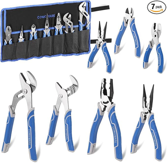 COMOWARE 7Pcs Pliers Set, Mechanic Plier with Rolling Pouch, 10", 8" Groove Joint Pliers, 8" Adjustable Wrench, 8" Linesman, 6" Long Needle Nose, 6" Slip Joint, 6" Diagonal, Roll-Up Pouch Organizer