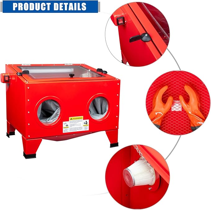 25 Gallon Sandblasting Cabinet, 40-80 PSI Power Air Sandblasting with Blasting Gun & 4 Nozzle for Stain, Removal, Paint,Heavy Duty Steel Bench Top Sand Blaster