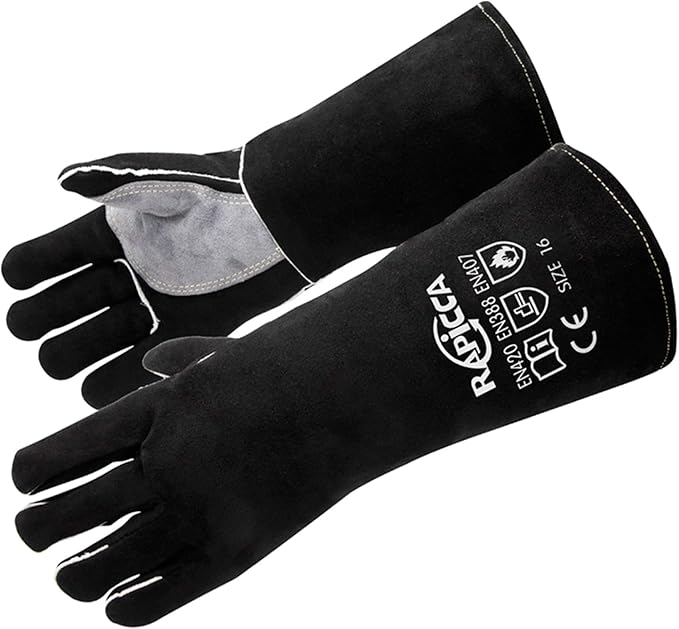 RAPICCA Welding Gloves 16IN Heat & Fire Resistant Leather for Stick MIG TIG Flux-Core Welder, Forge, Blacksmith, Fireplace, Wood Stove, Fire Pit, Furnace, Dry Ice Handling ??Black ??662째F Protection