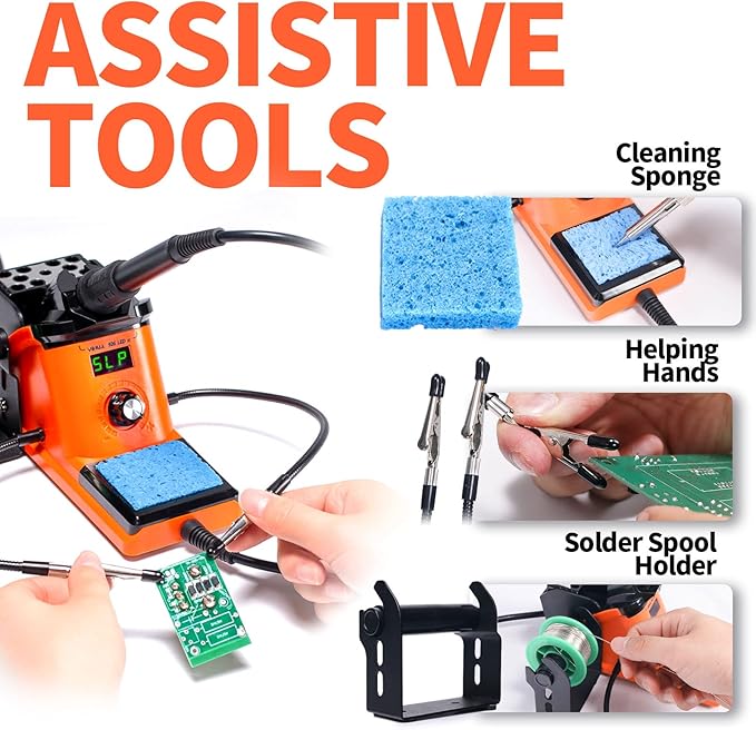 YIHUA 926 III 60W LED Display Soldering Iron Station Kit w 2 Helping Hands, 6 Extra Iron Tips, Roll of Lead-Free Solder, Solder Sucker, S/S Tweezers, 째C/쨘F Conversion, Auto Sleep & Calibration Support