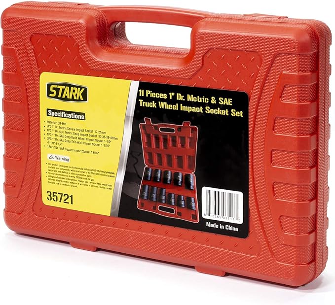 Stark USA 11-piece Premium Impact Socket Set 1"-inch Drive Metric & SAE Truck Socket Wheel Cr-Mo Steel 6-Point/Square Socket Carrying Case