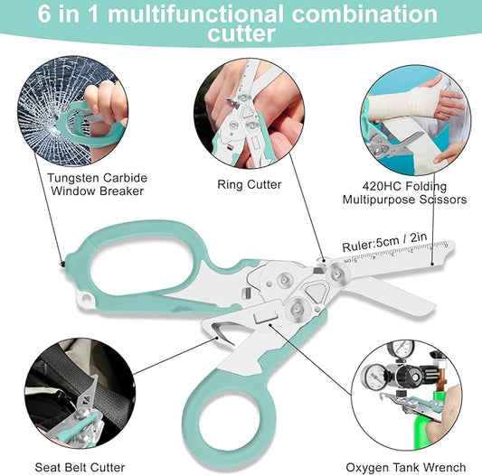 6-in-1 heavy-duty/trauma shears, Folding Retractable Emergency Shears, Outdoor Camping Tools, Seat Belt Cutter, Oxygen Cylinder Wrench, Complimentary Adjustable Wrench (Aqua blue)