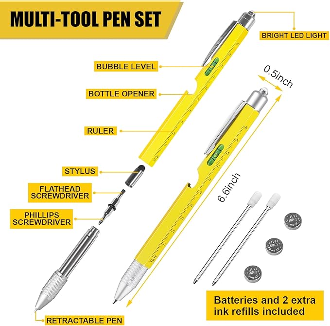 Christmas Stocking Stuffers Gifts for Men, White Elephant Gifts for Adults Dad Boyfriend Him Husband, 9 in 1 Multitool Tool Pen Set, Screwdriver, LED Light, Stylus, Bottle Opener, Ruler, Level(Yellow)