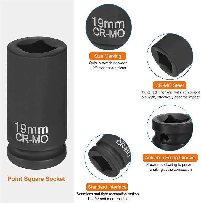 HARFINGTON 4 Point Square Socket 3/4" Drive 19mm Metric Square Impact Socket CR-MO Blackening Standard Wheel Sleeve Pneumatic Sleeve Tool for Auto Repair Mechanical Maintenance Home Use