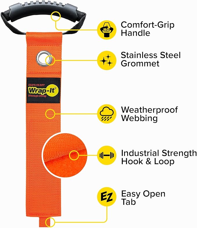 Easy-Carry Wrap-It Storage Straps - 28??(2-Pack) Blaze Orange with Grommet - Heavy Duty Wrap It Storage Straps and Extension Cord Wrap for Water Hose Storage