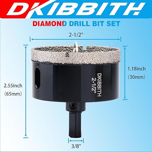 DKIBBITH 2-1/2" Diamond Hole-Saw Bits with Pilot Drill Bit - 2-1/2" Diamond Tipped Tile Hole Saws with Guiding Bit for Porcelain Tile Ceramic Pottery Granite Stone Glass Bottles 65mm.