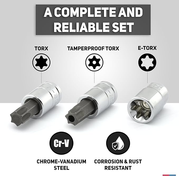 Neiko 10070A Torx Bit Socket and E-Torx Star Socket Set | 35-Piece Set, S2 and Cr-V Steel, 1/4?? 3/8??and 1/2-Inch Drive