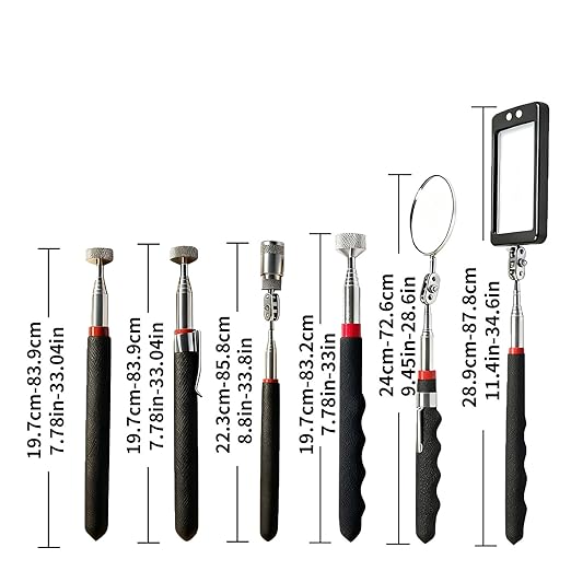 Telescoping Magnetic Pickup Tool Set, 2Pcs Round and Square Inspection Mirror Telescoping with LED Lights, 2Pcs Magnet Stick Best Gadgets Gifts for Men (Black, 6 Pack)