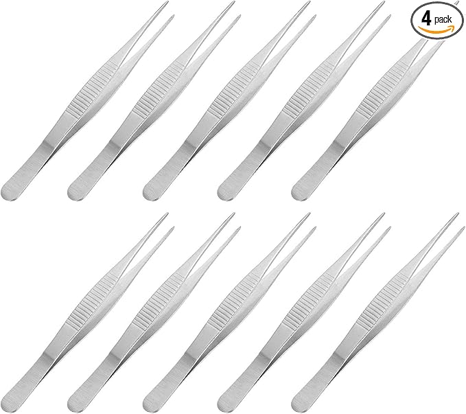 uxcell Stainless Steel Tweezers 5-Inch Straight Serrated Tip Stainless Steel Multipurpose Sewing Tweezer Silver 10 Pcs