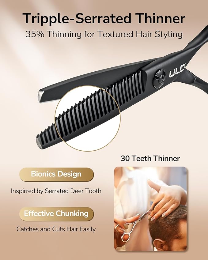 ULG Texturizing Shears ??Professional Stainless Steel, Ergonomic Offset Handles, Teflon Coated, Deer Tooth Blades for Precise Thinning and Layering, Ideal for Stylists and Barbers