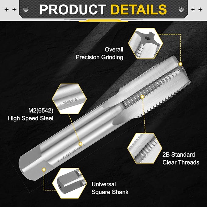 uxcell Hand Taper Tap 1"-10 BSF Thread Taper Style Taps Straight Flute Screw Tapping Threading Tool High Speed Steel HSS6542