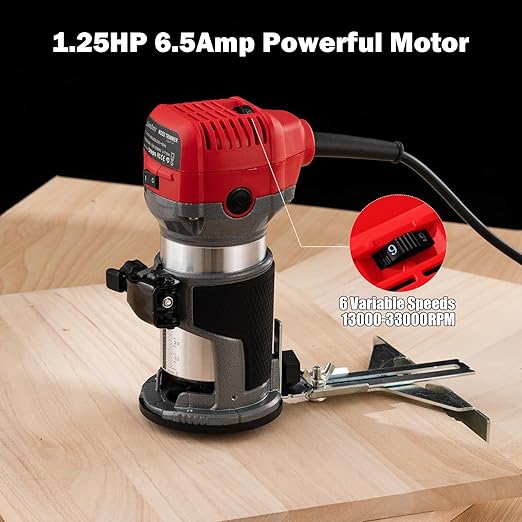 Router Tool, 6.5Amp 1.25HP Wood Routers for Woodworking, 13000-33000 RPM 6 Variable SpeedsHand Wood Tool Compact Edge Trimmer with 15 1/4" Router Bit Set (US7)