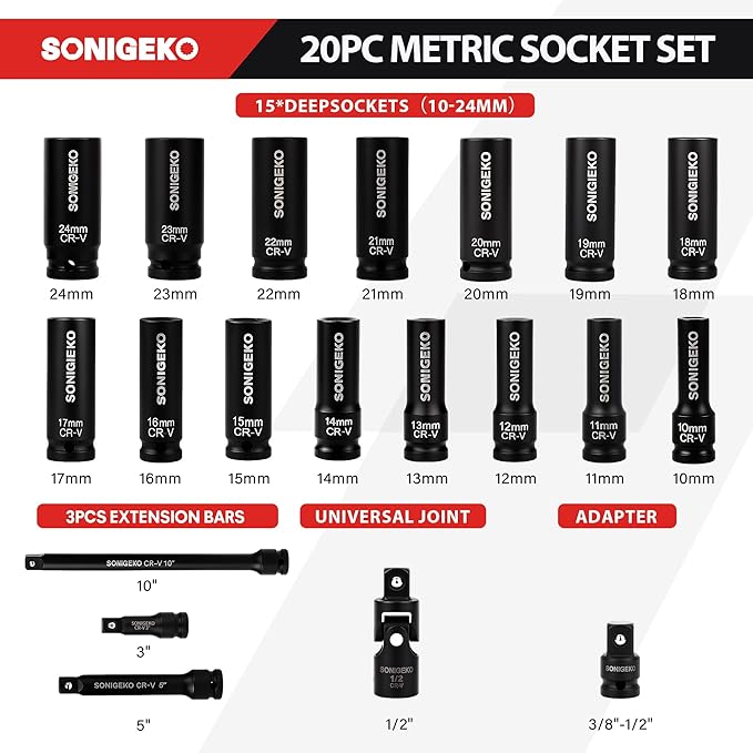 Socket Set 1/2" Drive Impact Socket Set,20-Piece 6 Point Deep, Metric CR-V Steel Sockets with Extension Bars, Universal Joint and Adapter(1/2" 20 PCS Metric)
