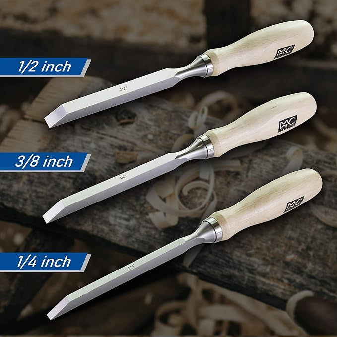 Professional Woodworking Cabinetmakers Mortise Chisel set Chrome-Vanadium Steel with Hornbeam Handles for Carpentry, Woodworking, Carving, Craftsman, Set of 3, 1/4”, 3/8”,1/2”