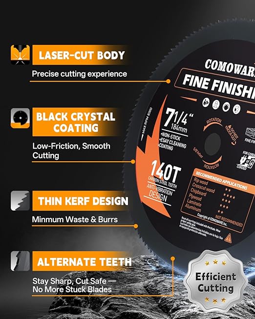 COMOWARE 7-1/4“ Circular Saw Blade, 140T Table Saw Blade, 5/8" Arbor, ATB Circular Saw Blade, Anti-Vibration, Teflon Anti-Stick, Miter Saws Blades for Wood, Laminate, Plywood & Hardwoods