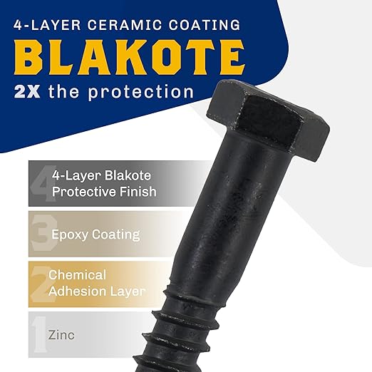 1/2" x 4?? 25-Piece Black Lag Bolts, Rustproof 4-Layer Ceramic BLAKOTE, 2X Protection of Galvanized Lag Screws, for Decks Pergolas by Makers Bolt