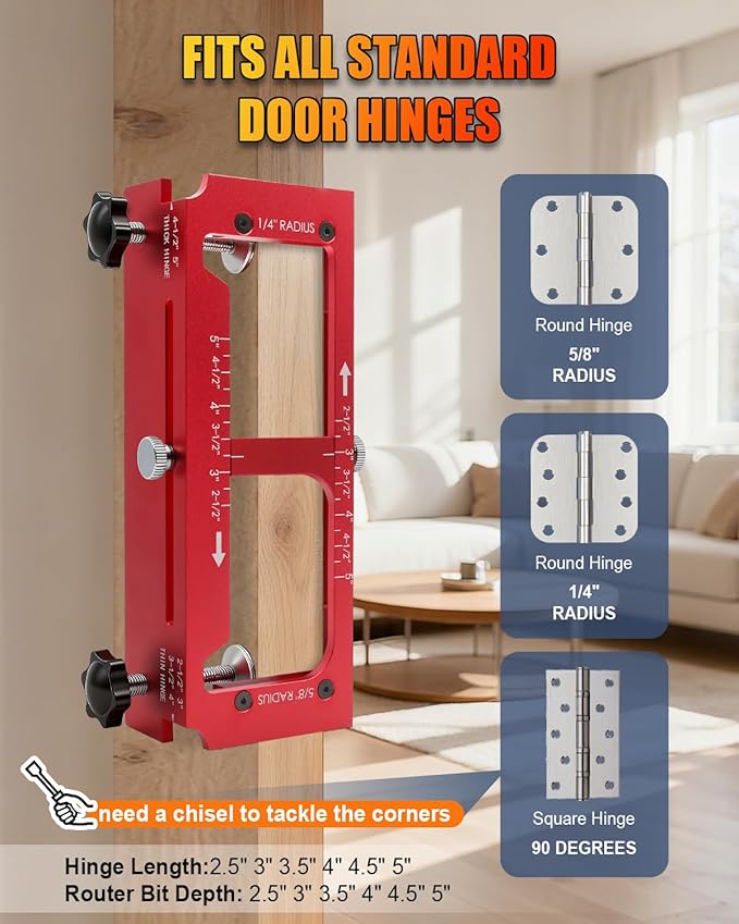 Door Hinge Jig and Door Lock Installation Kit, Aluminum Alloy Router Template for Hinge Mortising from 2.5" to 5" and Types of Square, 1/4", 5/8" Radius, Door Hole Drilling Kit for Knob and Deadbolt