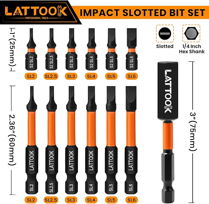 13-Pieces Impact Slotted Bit Set, LATTOOK 1/4'' Hex Shank Slotted Screwdriver Bit Set Flat Head Bits, Magnetic S2 Steel, 2.3'' & 1'' Long, SL2, SL2.5, SL3, SL4, SL5, SL6