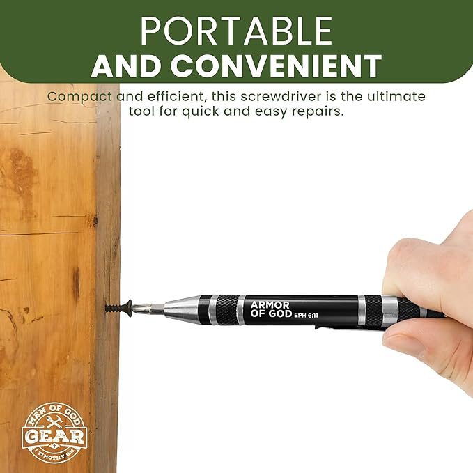 LOGOS TRADING POST 8-in-1 Bible Verse Pen Screwdriver Multitool - Armor of God, Eph 6:11 - Hidden 4.5" x 0.5" Pen Multitool with Screwdriver Bits, Storage Space & More - Christian Pocket Tools For Men