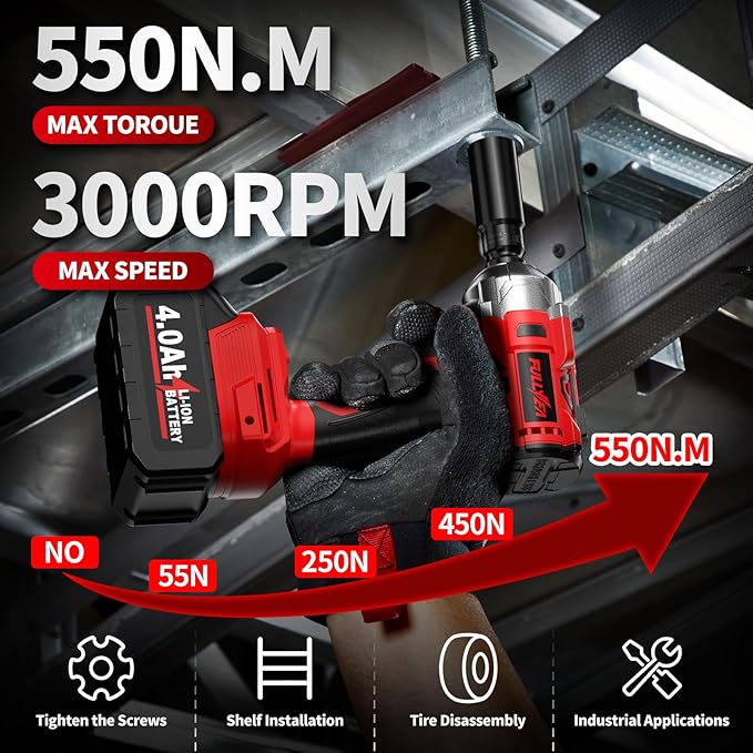 Cordless Impact Wrench 1/2 Inch, 406Ft-lbs (550N. M) Brushless Impact Gun Kit, 3000RPM High Torque Power Impact Wrench, 4.0Ah Battery & Fast Charger, Electric Impact Driver for Car Home