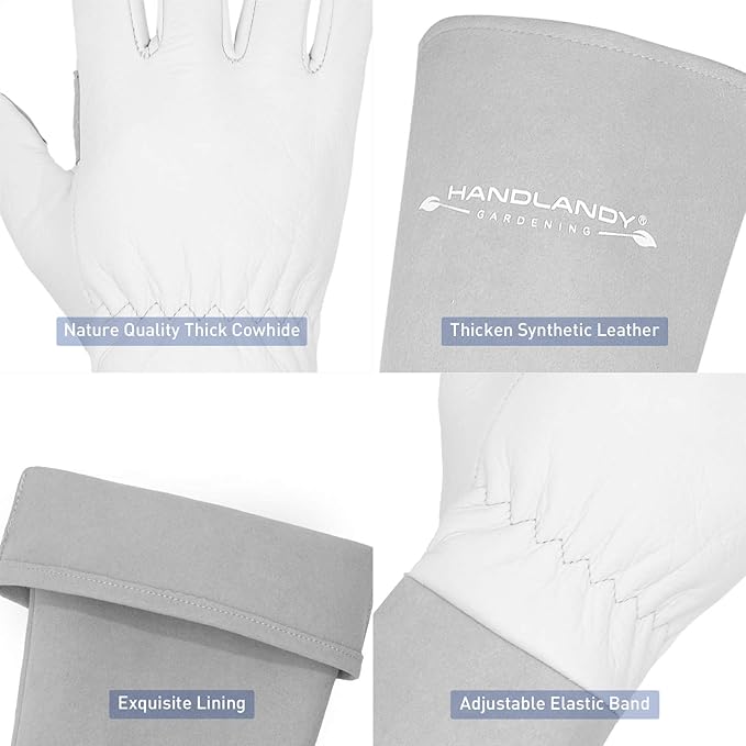 HANDLANDY Long Gardening Gloves for Men & Women, Thorn Proof Rose Pruning Gloves Leather Gauntlets Garden Glove Yard Work Glove (Small, Grey)
