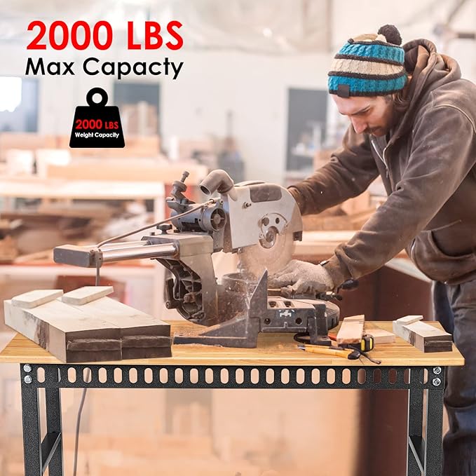 48 "Adjustable Workbench with Power Outlet, Heavy Duty 2000 LBS Load Capacity Hardwood Workbench Suitable for Workshop, Office, Garage, Home