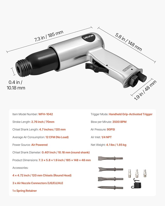 VEVOR Air Hammer, 3500BPM Pneumatic Hammer with 2.76 inch Stroke & 4PCS Chisels Round Shank, Pistol-Grip Compact Air Chisel Pneumatic Shovel Tool for Cutting Punching Scraping