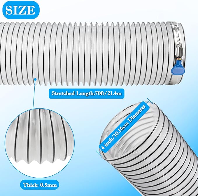 4"x70'PVC Dust Collection Hose,4Inch Dust Collector Hose for Vacuum,Woodworking Dust Collection System,Puncture Resistant Clear Flex PVC Dust Collection Hose Fume Debris Dust Hose w/Carbon Steel Wire