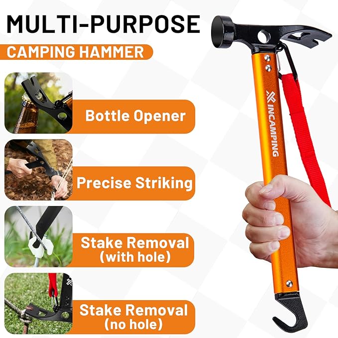 Tent Hammer Heavy Duty Aluminum 12" Camping Hammer with Opener,Tent Stakes Mallet for Camping,Hiking,DIY,Party Orange