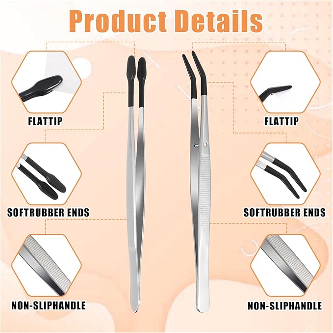 4 Pieces Tweezers with Rubber Tips PVC Rubber Coated Tweezers Rubbers Long Bent Tip Tweezer and Straight Flat Tip Tweezer for Lab Stamp Hobby Jewelry Crafts Feeding (Silver, Black)