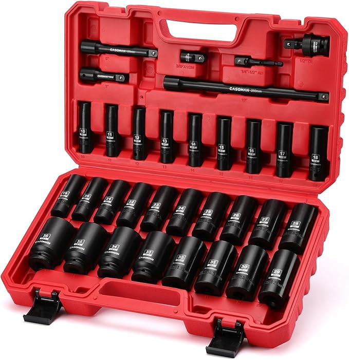 CASOMAN 33 PCS 1/2" Drive Deep Impact Socket Set with Case, 6-Point, 10mm - 36mm, Metric, Include Extension Bars, Drill Adapter and Universal Joint