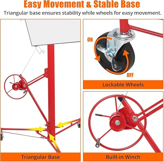 11 FT Drywall Lift Panel Rolling Hoist Jack Lifter, Sheetrock Lift Drywall Lift, Foldable Adjustable Drywall Jack Lift for Ceiling and Walls and Home Improvement, with 3 Lockable Wheels, Red