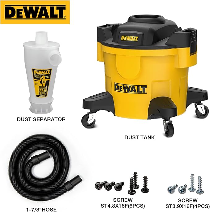 DEWALT Dust Separator with 6 Gallon Poly Tank, 99.5% Efficiency Cyclone Dust Collector, High-Performance Cycle Powder Collector Filter, DXVCS002, Yellow