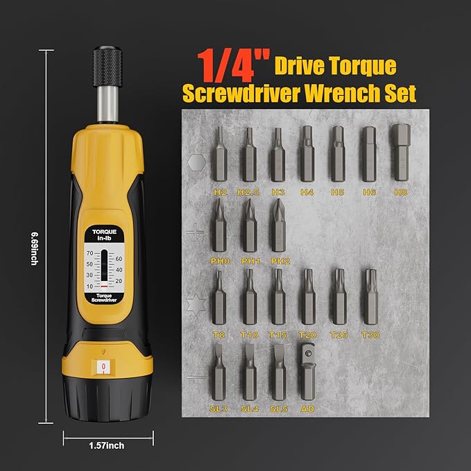 Torque Screwdriver, 10-70 in-lbs Torque Wrench Screwdriver Set, 1/4??Drive Inch Pound Torque Screwdriver with 20 S2 Bits and Case for Tools, Bike Repairing and Mounting