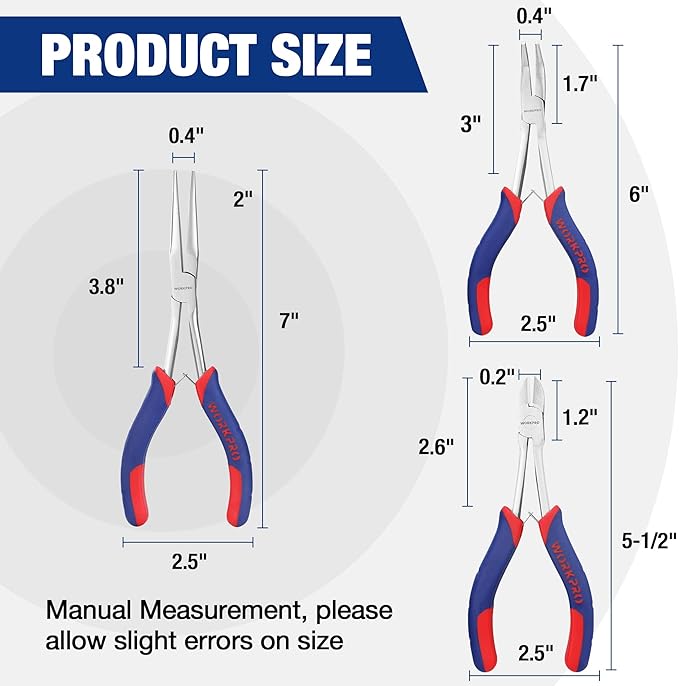 WORKPRO 3PCs Mini Pliers Set, Small Long Reach Needle Nose Pliers Includes 7" Needle Nose Plier, 6" Bent Nose Plier, 5-1/2" Diagonal Plier for Hard to Reach Narrow Spaces