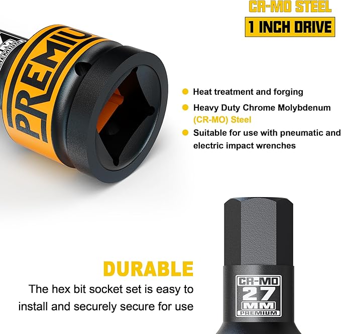 1" Drive H27 Impact Hex Bit Socket, 27 mm Allen Bit Socket, Metric, Cr-Mo Steel, Truck Repair and Equipment Maintenance