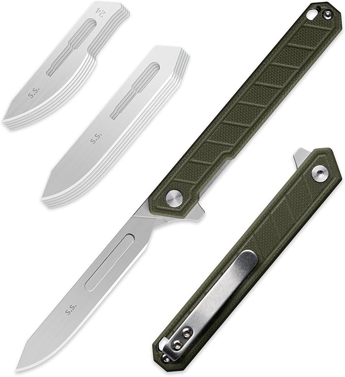 G046 Mecha Mini Slim Folding Scalpel with 5pcs #24 and 5pcs #60 G14 Handle with Liner Lock, Utility EDC Pocket Knife with Back Clip（Green）