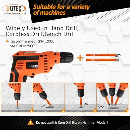 BGTEC Dry Diamond Drill Bits Set - 5pcs 1/4" Tile Drill Bits and 5pcs 1/4" Carbide Drill for Granite Marble Porcelain Ceramic