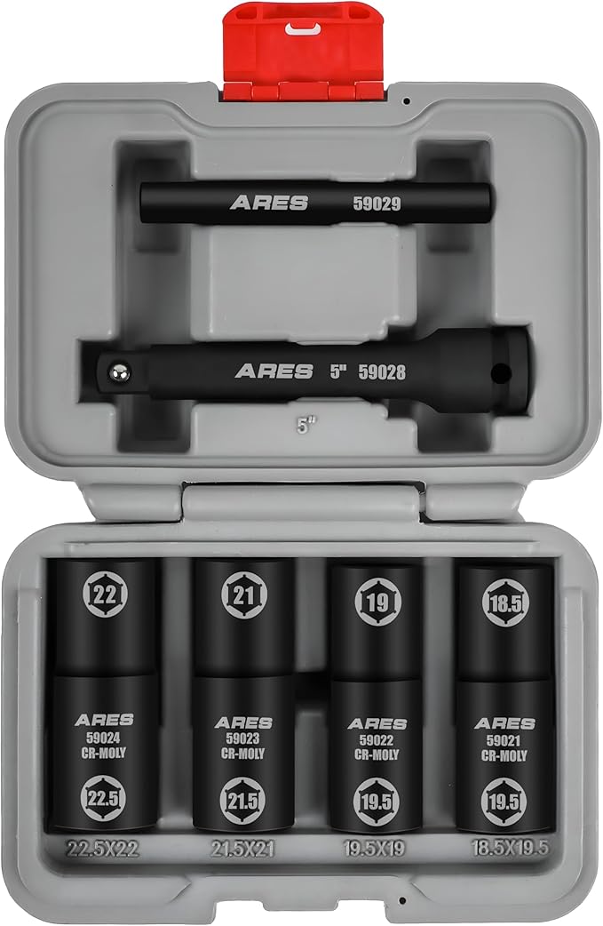ARES 59065-6pc Half Size Lug Nut Flip Impact Socket Set - 1/2-Inch Drive ??Removes Bloated/Damaged Chrome Capped Lug Nuts ??Flip Sockets - Includes 5-Inch Extension and Knockout Bar