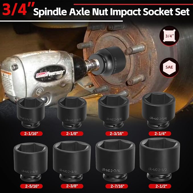 3/4'' Drive Spindle Axle Nut Impact Socket Set, 8 Pack Large Impact Socket Set, Axle Nut Socket Set, 6 Point SAE Size 2-1/16" to 2-1/2", For Wheel Hub Axle Nut Removal and Installation