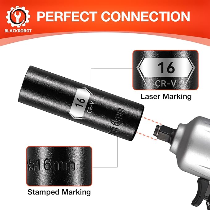 BLACKROBOT 1/2 Inch Drive 6-Point Deep Socket, 16mm Deep Impact Socket, CR-V Steel